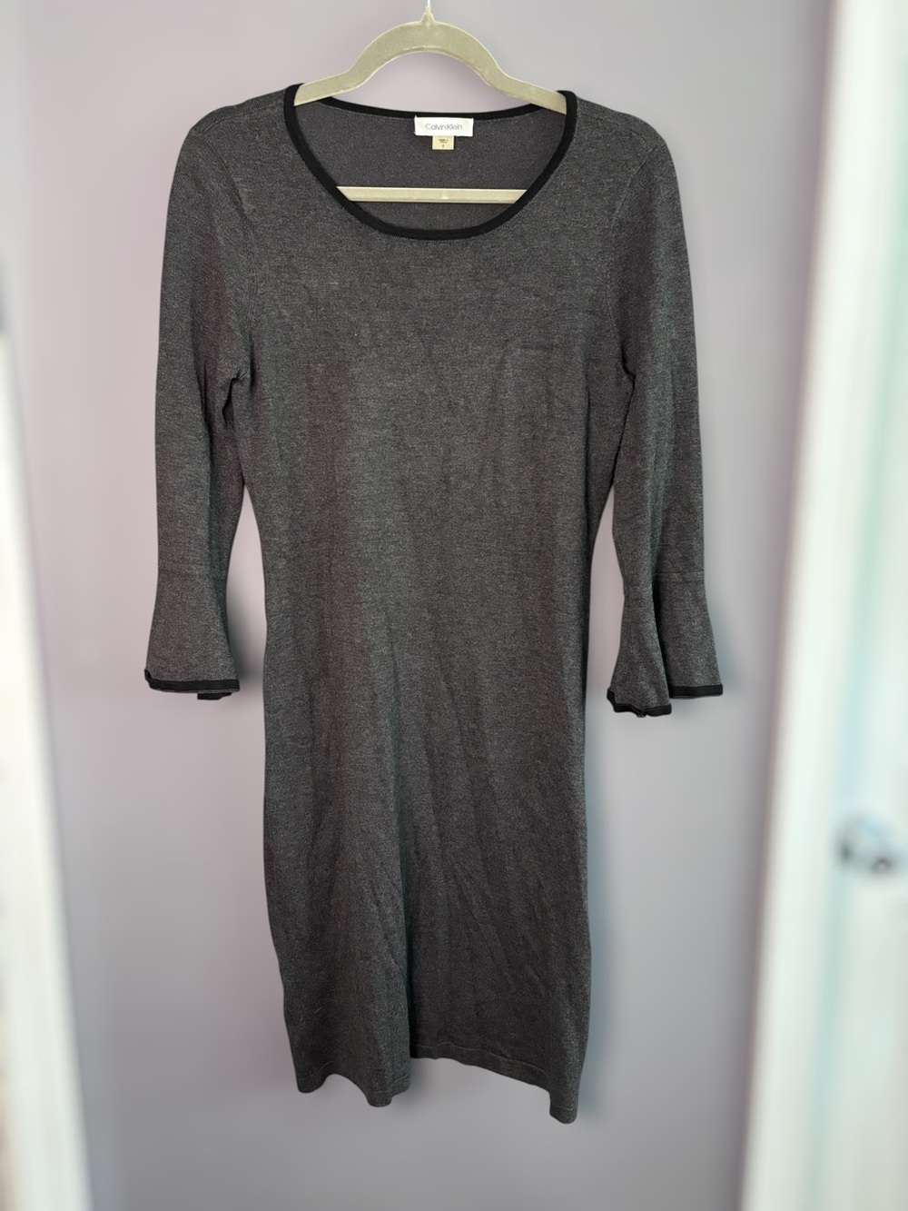 Calvin Klein Gray Sweater Dress Black Trim Round Neck Small